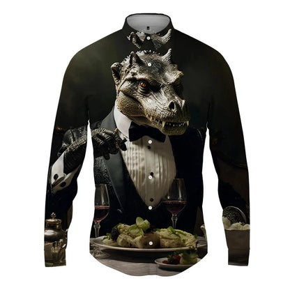 Cold-Blooded Lizard Print Men's Shirts Casual Single-Breasted Blouses Long Sleeve Shirt Streetwear Lapel Tops Trend Men Clothing