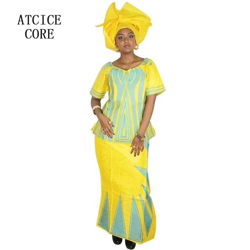 African Dresses For Women African Fabric Bazin Riche Embroidery Design Dress Long Dress With Headtie African Clothes