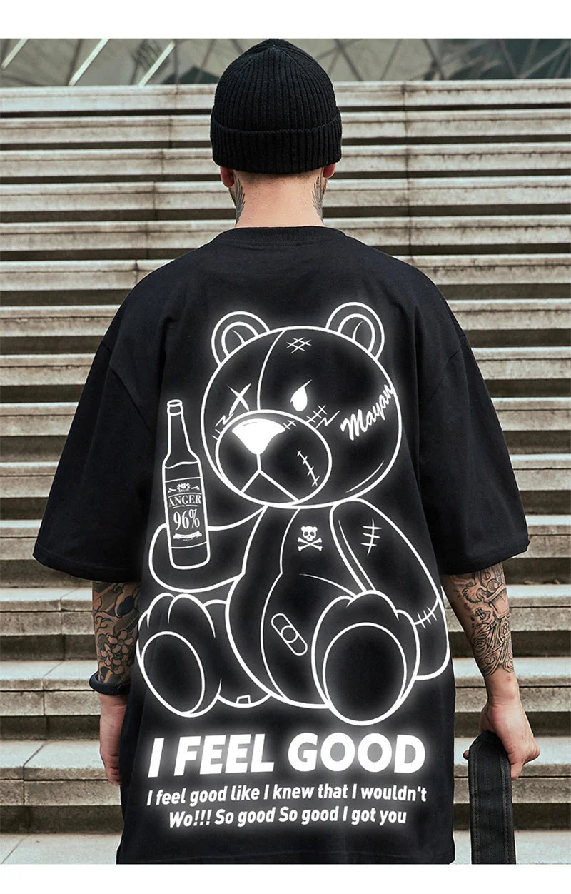 Men Harajuku Fashion T Shirt Bear beer print Kawaii Tshirt Hip Hop Streetwear T-Shirts 2025 Summer Casual Oversized Tees Tops