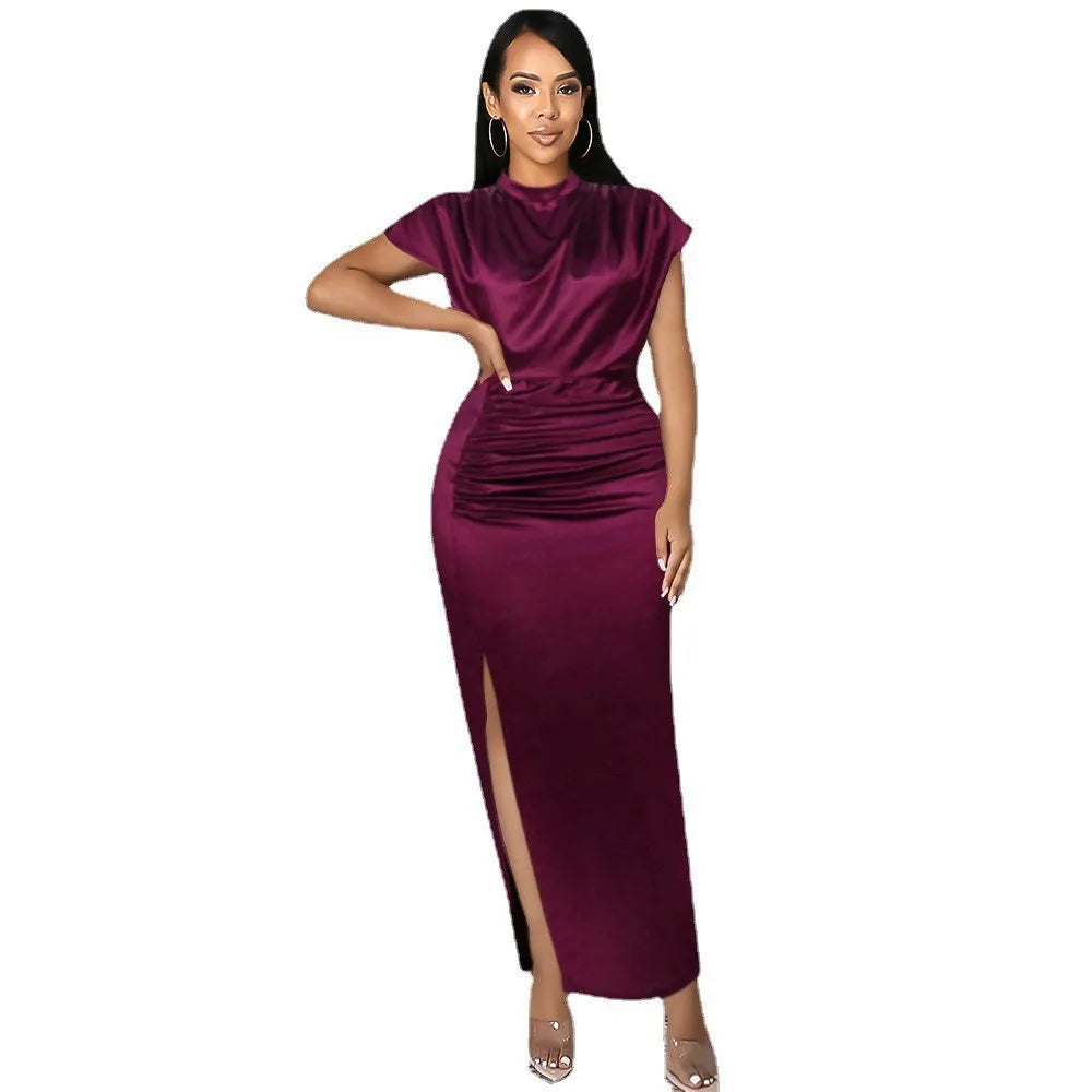 European and American Women's New Colored Satin Zipper Split High Grade Dress Long Floor Length Dress