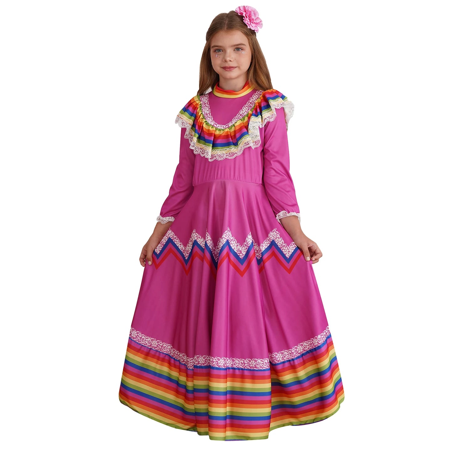 Kids Girls Mexican Style Costume Traditional Jalisco Dresses Carnival Festival Folklorico Dance Celebrations Performance Dress