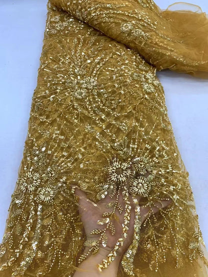 Luxury African Sequins Beaded Lace Fabric 2024 High Quality Lace 5 Yards Gold French Lace Fabric Nigerian Lace Fabrics Party