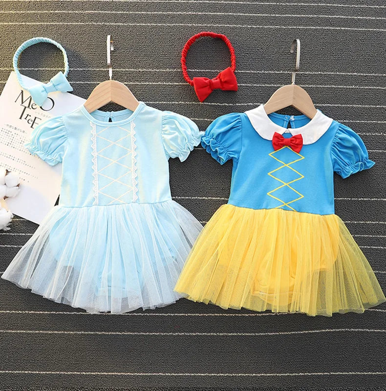 Baby Girls Princess Romper Bodysuit Headband 2pcs Elsa Anna Snow White Mermaid Bell Costumes Newborn Jumpsuits Tulle Bow Rompers