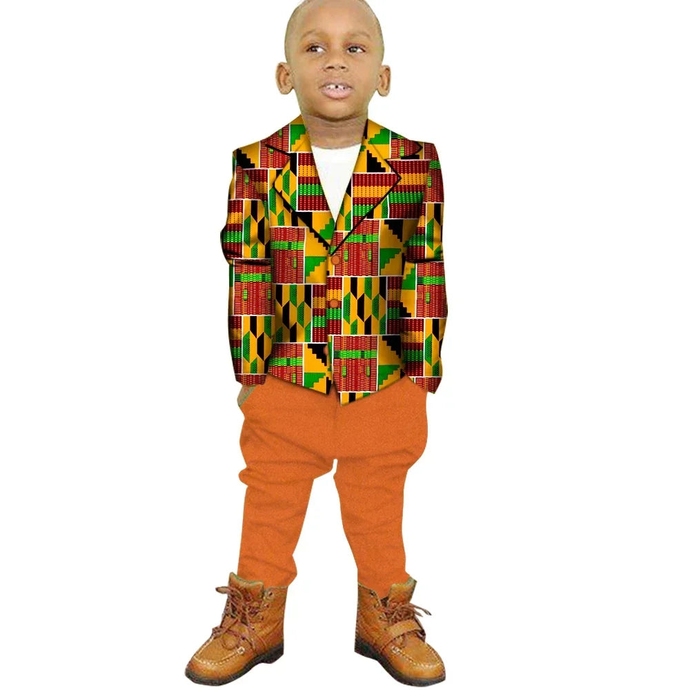 African Clothes for Children 2 Pieces Set Ankara Print Blazer and Pant Dashiki Boy Suit Fashion Kids African Clothing WYT208