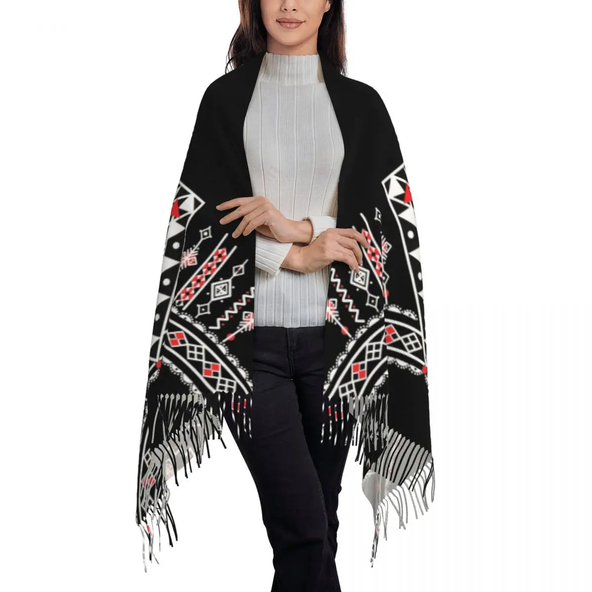 Kabyle Jewelry Scarf Wrap for Women Long Winter Fall Warm Tassel Shawl Unisex Amazigh Africa Ethnic Style Scarves