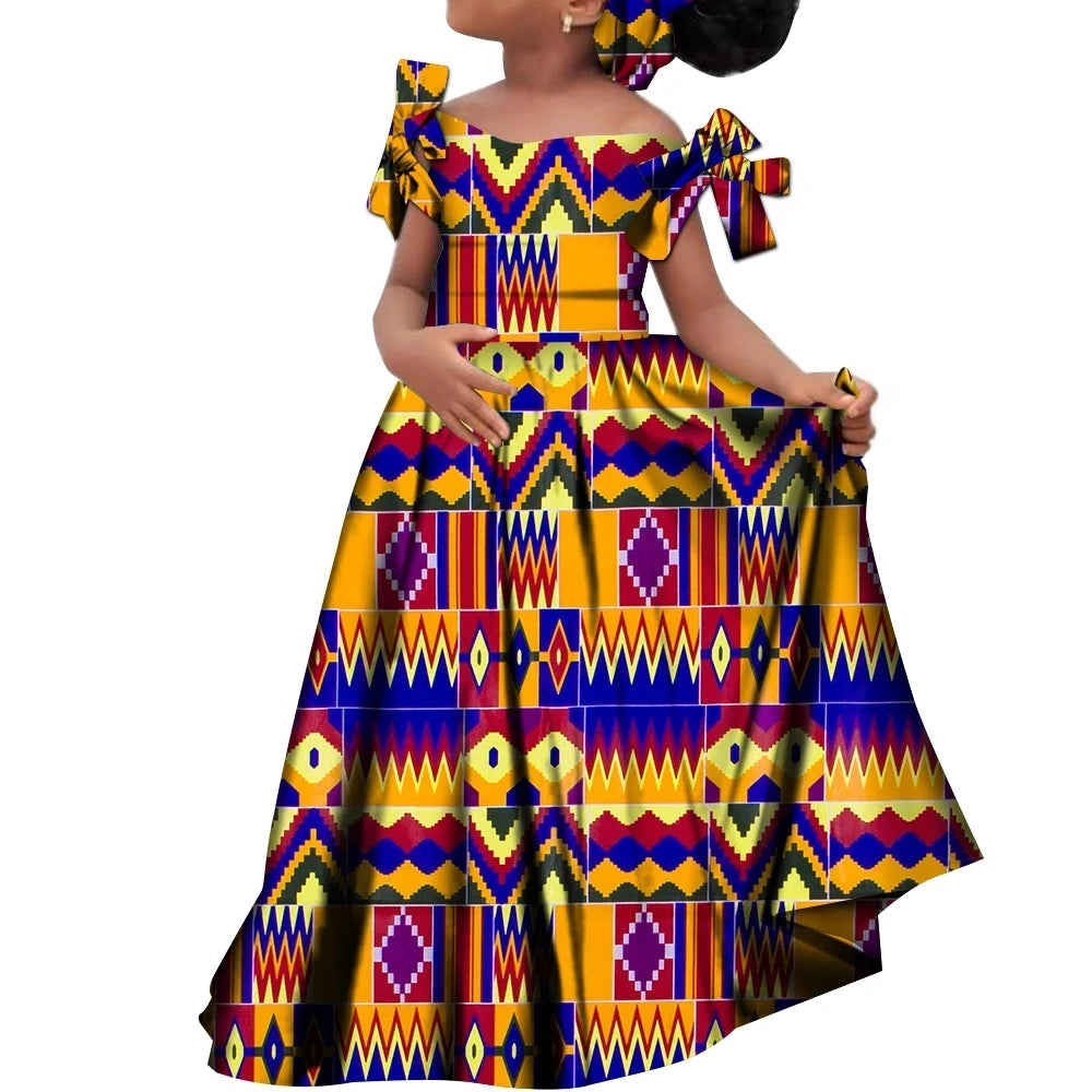 Kids Girls African Dashiki Dress Printted Vestidos Kids Cute Party Dresses African Clothing Long Dresses with Headscarf Wyt659