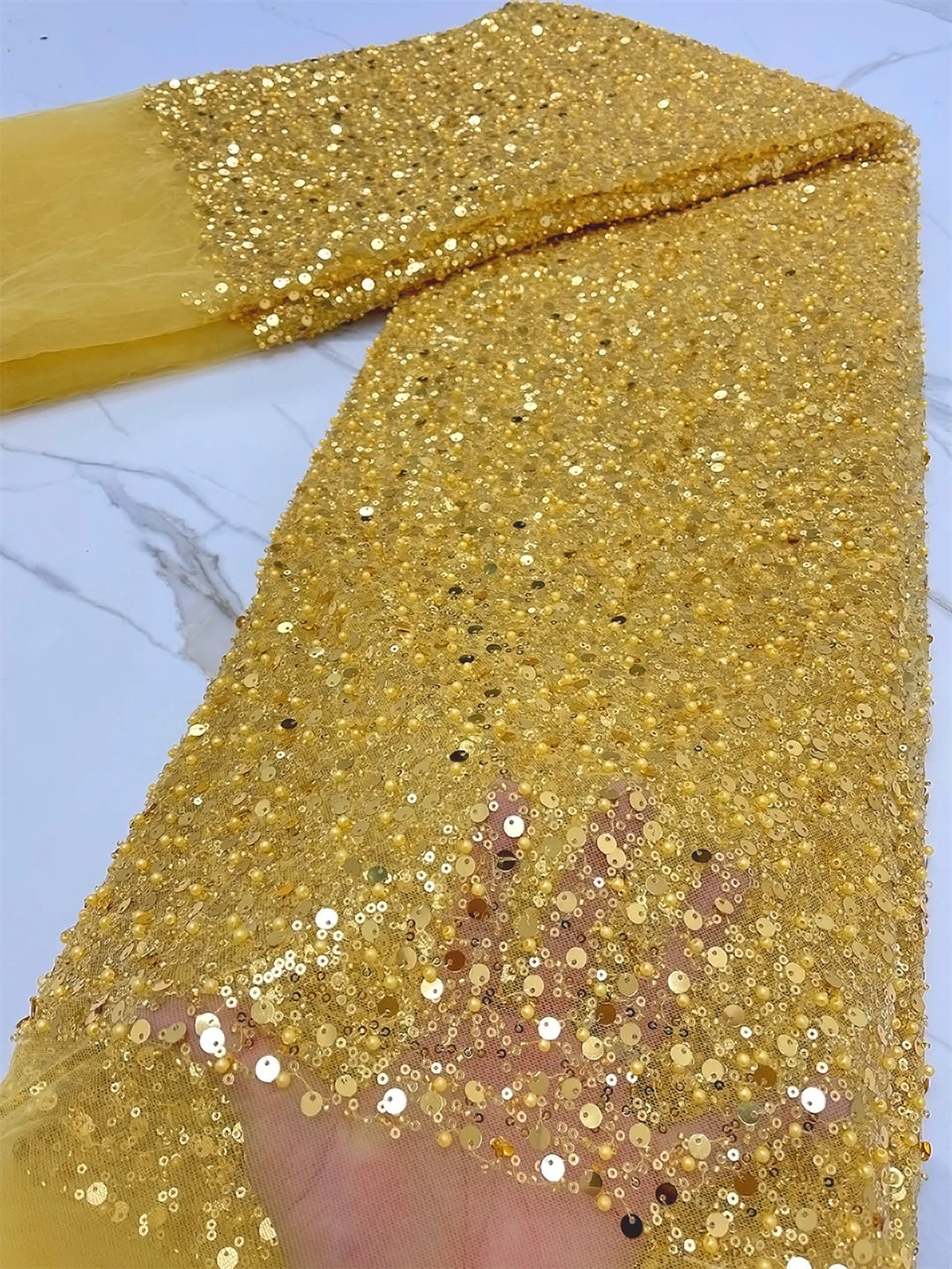 Gold Nigerian Luxury Beaded And Perals Lace Fabric High Quality 2024 African Sequins Tulle Lace Fabric For Woman Evening Dresses