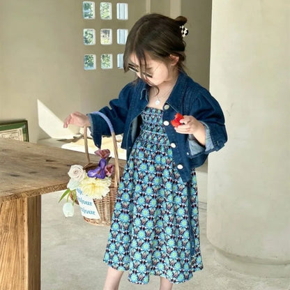 Girls' Camisole Dress Summer Korean Holiday Style Dress Personalized Retro Printed Vest Dress Fashionable Children'S Clothing