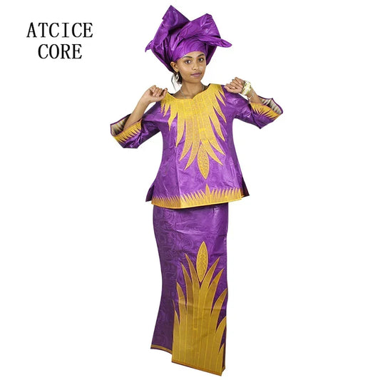 African Dresses For Women Church Dress Bazin Riche Embroidery Design Robe Top Scarf Three Pcs One Set