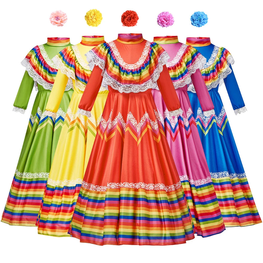 Child Girls Jalisco Traditional Guadalajara Mexican Folk Dancer Costume Halloween Carnival Costumes For Kids 5 Colors Available