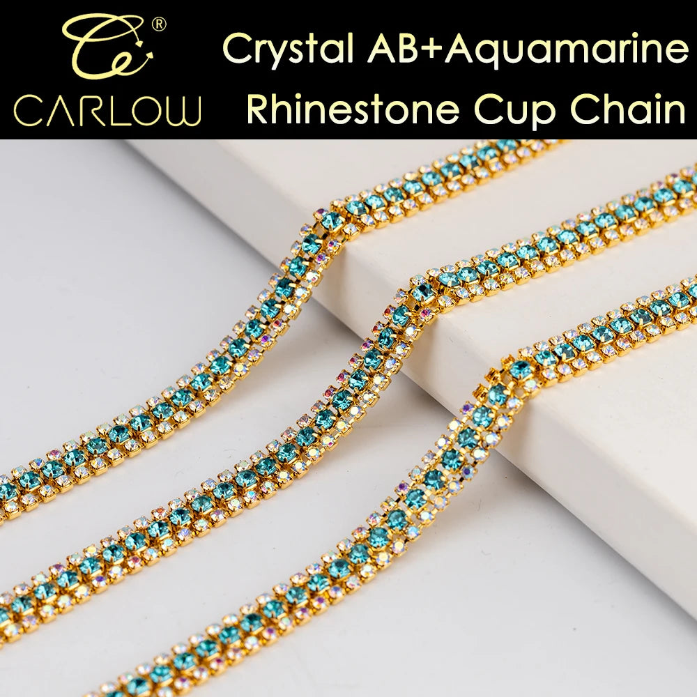 CARLOW AAAAA 3 Rows Rhinestone Cup Chain Sew on Shiny Gold Base Glass Stone Chain for Garement Decoration DIY