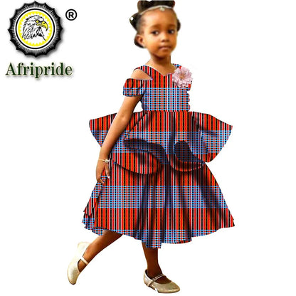 African Girls Dresses Sleeveless Double Princess Dress Casual Lovely Ankara Kids Print Mini Dress Shirt Dress AFRIPRIDE S1940017