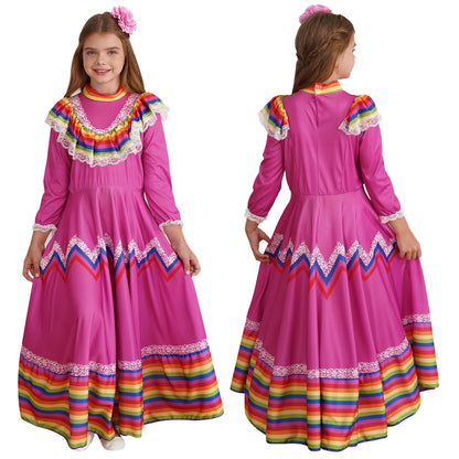 Kids Girls Mexican Style Costume Traditional Jalisco Dresses Carnival Festival Folklorico Dance Celebrations Performance Dress