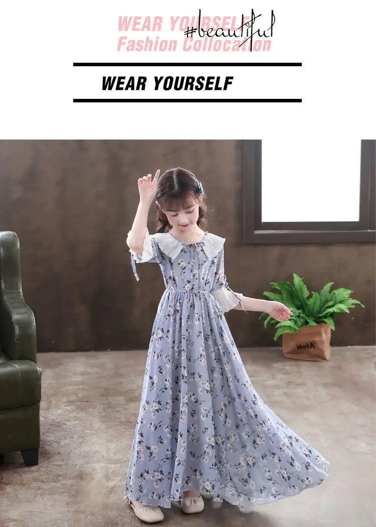 5-16Y Kids Floral Princess Party Dresses For Girls Summer Elegant Children Bohemian Chiffon Maxi Dresses Teenage Girl Clothes 12