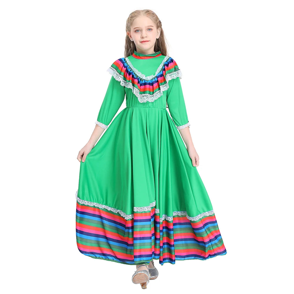 Child Girls Jalisco Traditional Guadalajara Mexican Folk Dancer Costume Halloween Carnival Costumes For Kids 3 Colors Available