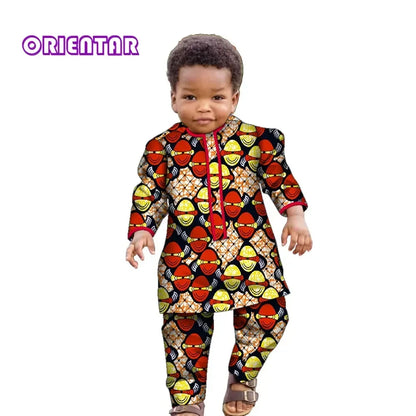 Ankara Fashion Floral Print Boy Suit 2 Pcs Set Long Sleeve Shirt and Pant African Clothes for Boy Dashiki Boy Outfit Wyt621