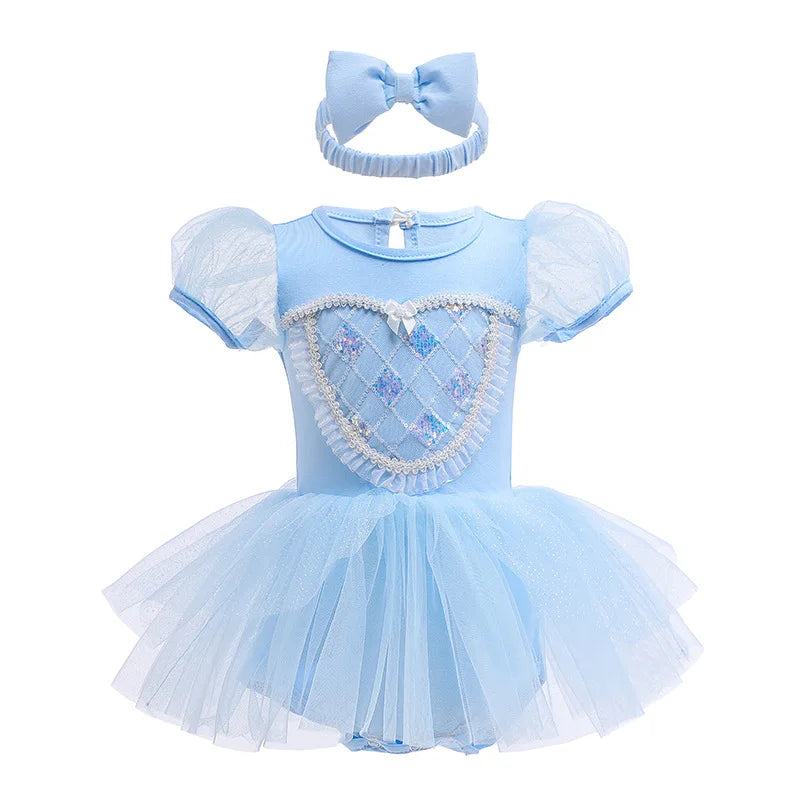 Baby Girls Princess Romper Bodysuit Headband 2pcs Elsa Anna Snow White Mermaid Bell Costumes Newborn Jumpsuits Tulle Bow Rompers