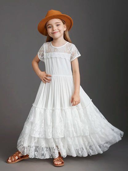 New 2024 Princess Girls Short Sleeve Lace Long Floor Dresses Baby Kids Flower Wedding Christmas Party Vestidos Children Clothing