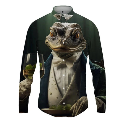 Cold-Blooded Lizard Print Men's Shirts Casual Single-Breasted Blouses Long Sleeve Shirt Streetwear Lapel Tops Trend Men Clothing