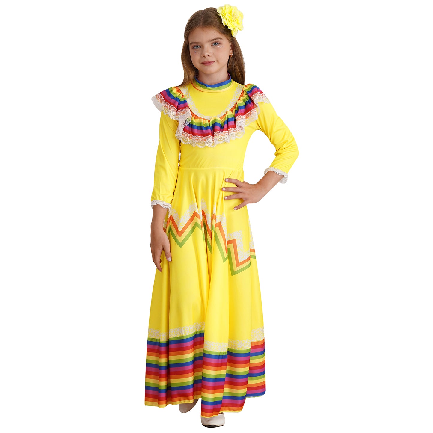 Kids Girls Mexican Style Costume Traditional Jalisco Dresses Carnival Festival Folklorico Dance Celebrations Performance Dress