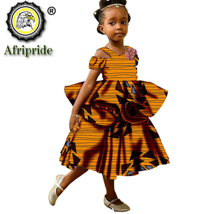 African Girls Dresses Sleeveless Double Princess Dress Casual Lovely Ankara Kids Print Mini Dress Shirt Dress AFRIPRIDE S1940017