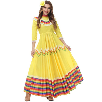 Women Traditional Mexican Folk Dancer Dress for Adult National Mexico Style Cinco De Mayo Costume Bohemia Long