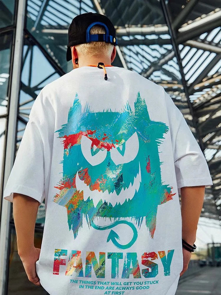 Harajuku Devil Graffiti Print Oversized Tee Shirts Men Summer Short Sleeve T-Shirts Couples Hip Hop Fashion Tops y2k Streetwear