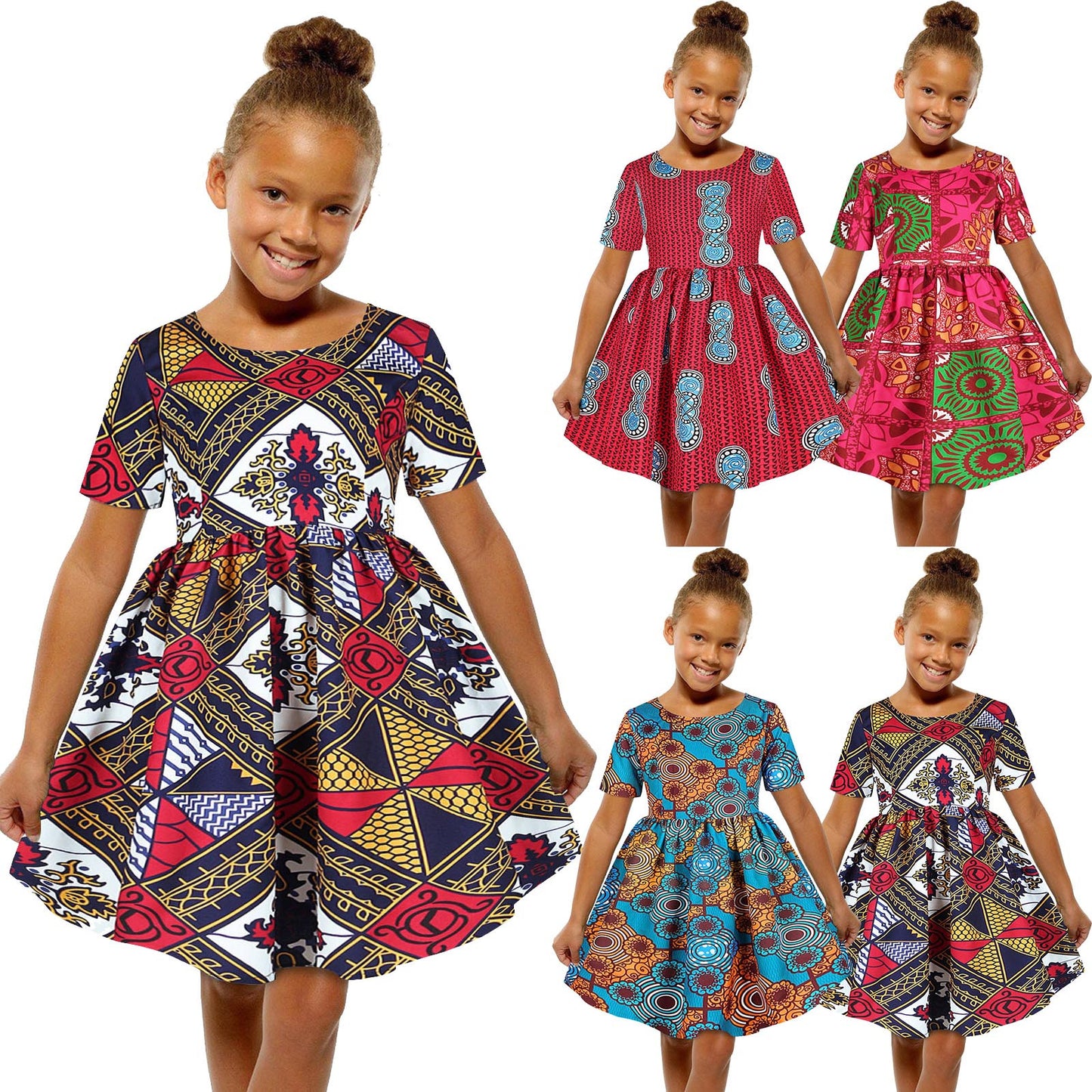 Baby Girls African Dress Toddler Kids Dashiki Traditional Style Print Short Sleeve Casual Dress Ankara Princess Dresses Vestidos