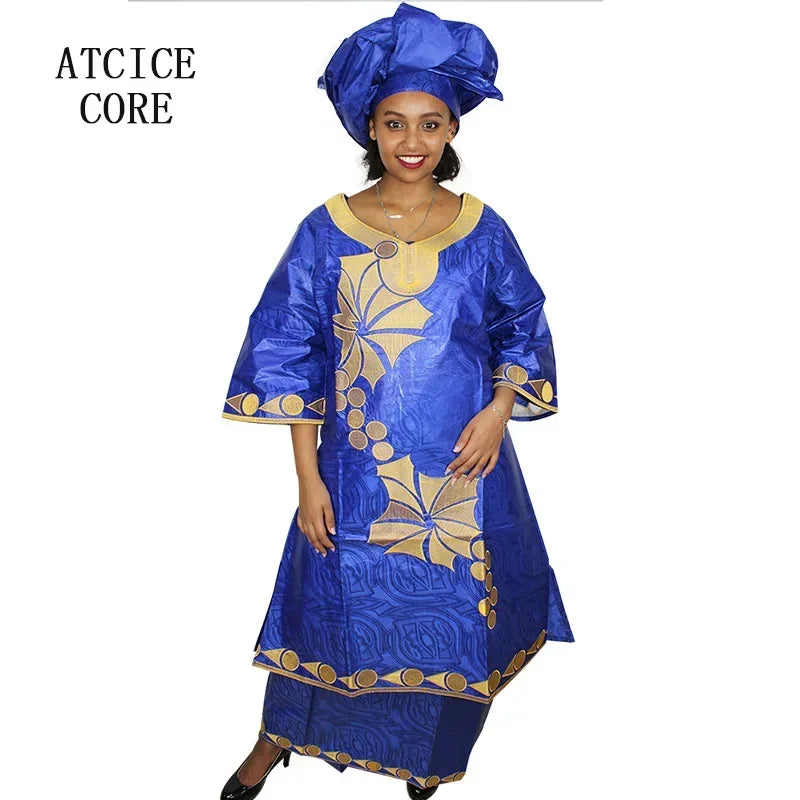 African Dresses Ror Women Bazin Riche Embroidery Design Long Dress With Rapper Scarf