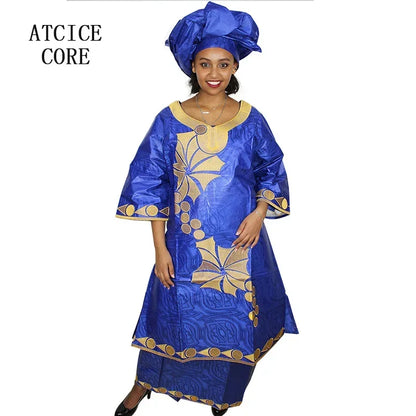 African Dresses Ror Women Bazin Riche Embroidery Design Long Dress With Rapper Scarf