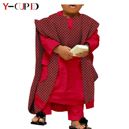 African Clothes for Kids Abaya Boys Outfits Bazin Riche Children Shirt and Pants Print Robes 3 Pieces Sets Ankara Suits S204032