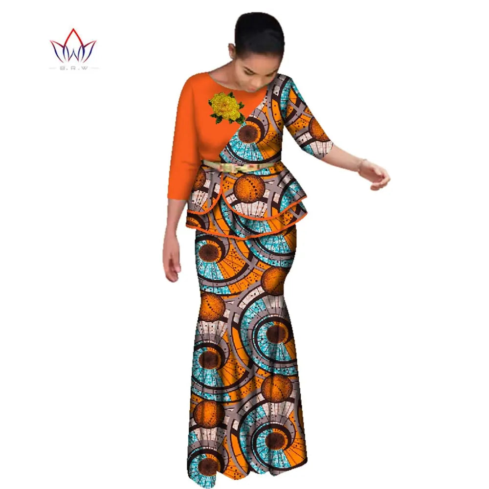 BRW Traditional African Clothes for Women Dashiki 2 Pcs Outfits Rose Applique Tops and Long Skirt Set Elegant Party Dress WY2642