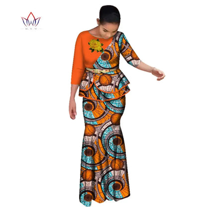 BRW Traditional African Clothes for Women Dashiki 2 Pcs Outfits Rose Applique Tops and Long Skirt Set Elegant Party Dress WY2642