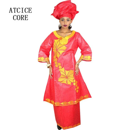 African Dresses Ror Women Bazin Riche Embroidery Design Long Dress With Rapper Scarf