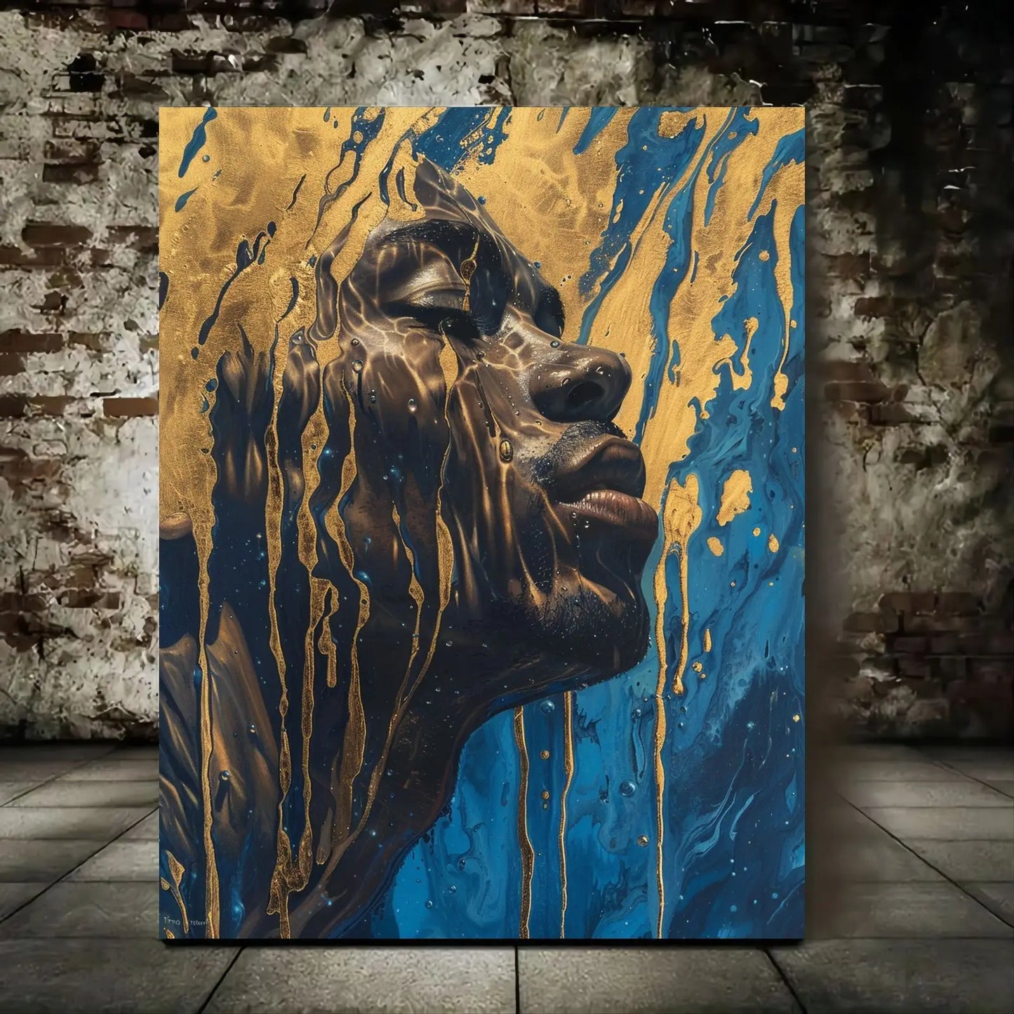 African American Woman Portrait Canvas Art with Metallic Accents & Drip Effect - Contemporary Wall Décor with Wooden Frame