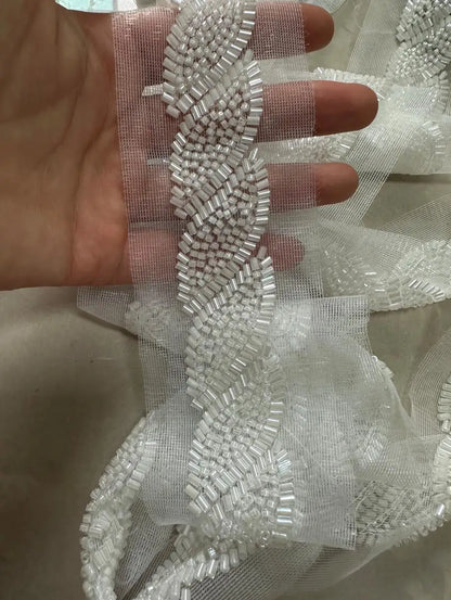 90cm Sequin Pearl Beaded Lace Trim Mesh Lace Ribbon Fabric Clothes Decoration Wedding Dress Collar Sleeve African Lace Applique