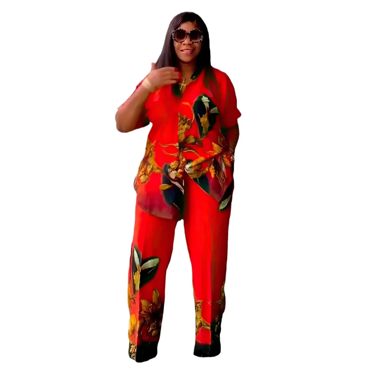 Outfits 2 Piece African Clothes for Women Summer 2024 Fashion African Short Sleeve Polyester Print Top Long Pant Matching Sets