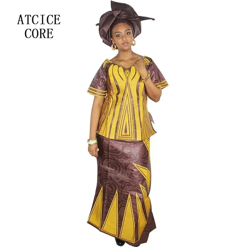 African Dresses For Women African Fabric Bazin Riche Embroidery Design Dress Long Dress With Headtie African Clothes