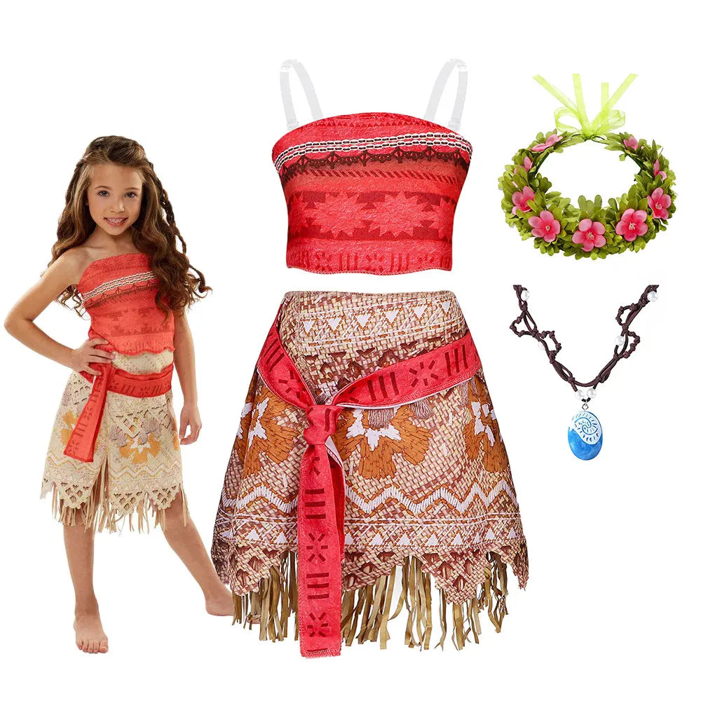 Ocean Adventure Cartoon Role Play Costume Moana Two Pieces Dress up for Girls Polynesian Style Vaiana Princess Costume Halloween