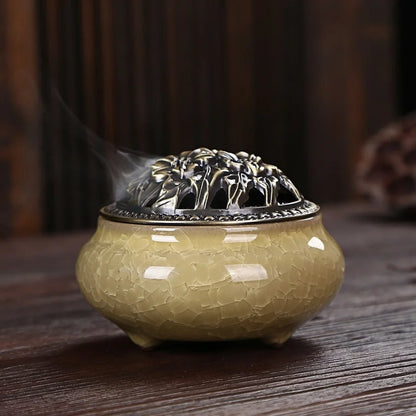 Ice Crack Ceramic Disc Incense Burner with Sandalwood Incense - Buddha Incense Holder for Room Decor, Censer