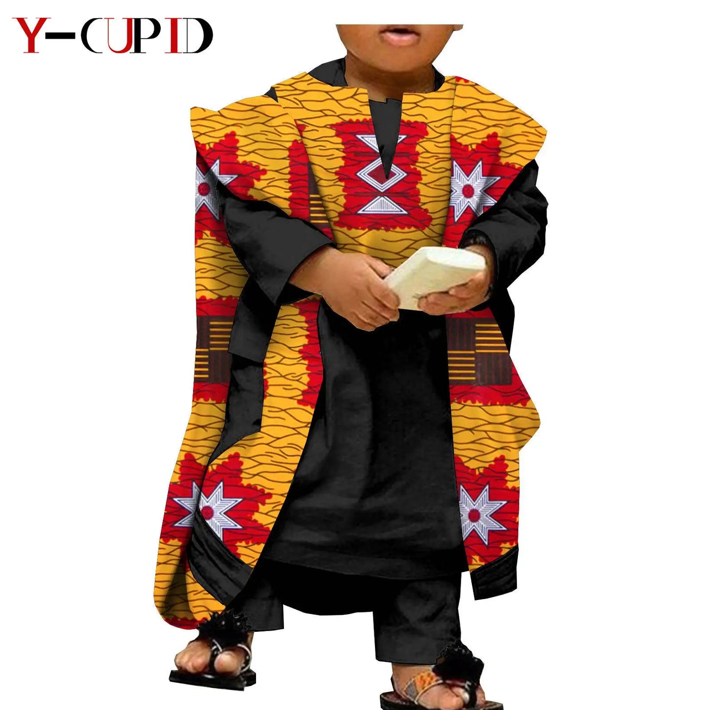 African Clothes for Kids Abaya Boys Outfits Bazin Riche Children Shirt and Pants Print Robes 3 Pieces Sets Ankara Suits S204032