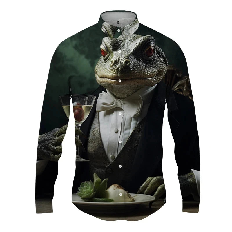 Cold-Blooded Lizard Print Men's Shirts Casual Single-Breasted Blouses Long Sleeve Shirt Streetwear Lapel Tops Trend Men Clothing