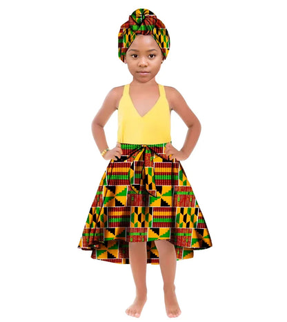 ORIENTAR African Girl's Clothes for Long Ankala Print Skirt Take A Headscarf To The Knees Children Clothing WYT842