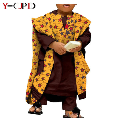 African Clothes for Kids Abaya Boys Outfits Bazin Riche Children Shirt and Pants Print Robes 3 Pieces Sets Ankara Suits S204032