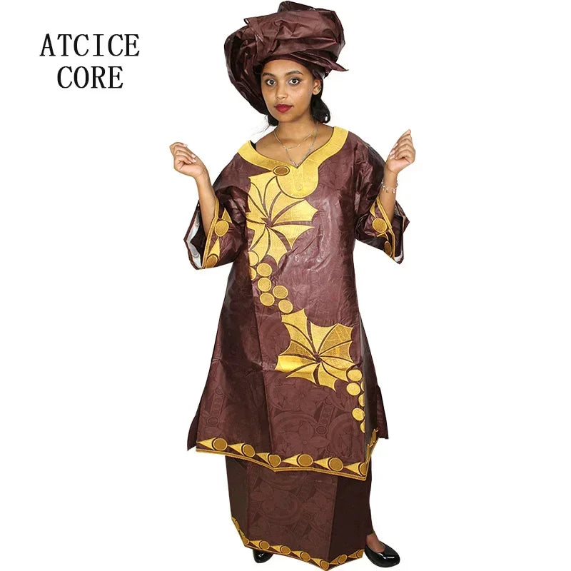 African Dresses Ror Women Bazin Riche Embroidery Design Long Dress With Rapper Scarf