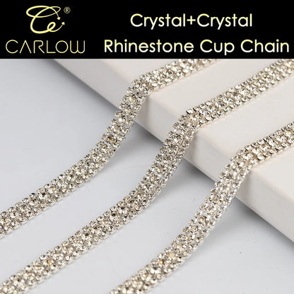 CARLOW AAAAA 3 Rows Rhinestone Cup Chain Sew on Shiny Gold Base Glass Stone Chain for Garement Decoration DIY