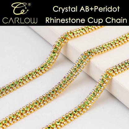 CARLOW AAAAA 3 Rows Rhinestone Cup Chain Sew on Shiny Gold Base Glass Stone Chain for Garement Decoration DIY