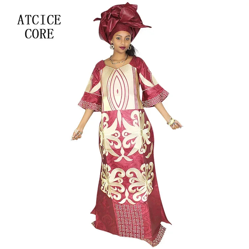 African Dress For Woman Bazin Riche Embroidery Design Floor Length Dress With Scarf