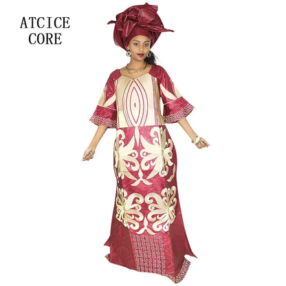 African Dress For Woman Bazin Riche Embroidery Design Floor Length Dress With Scarf