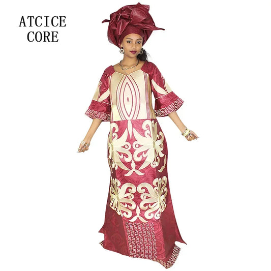 African Dress For Woman Bazin Riche Embroidery Design Floor Length Dress With Scarf